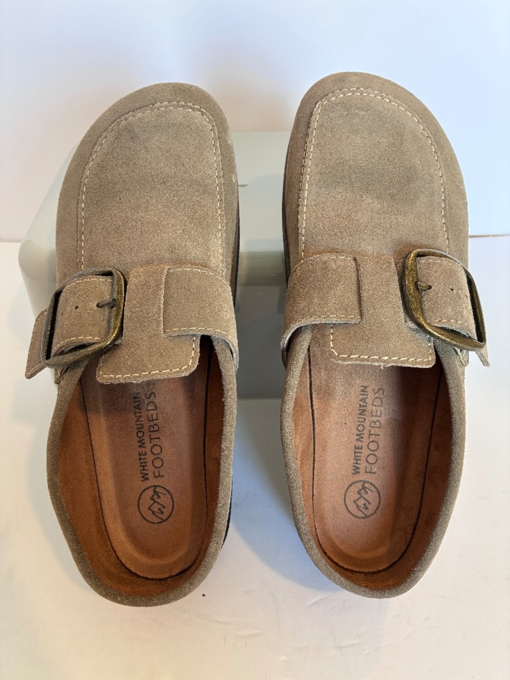 White Mountain Footbeds Suede Buckle Clogs/Mules — Taupe — Size 8